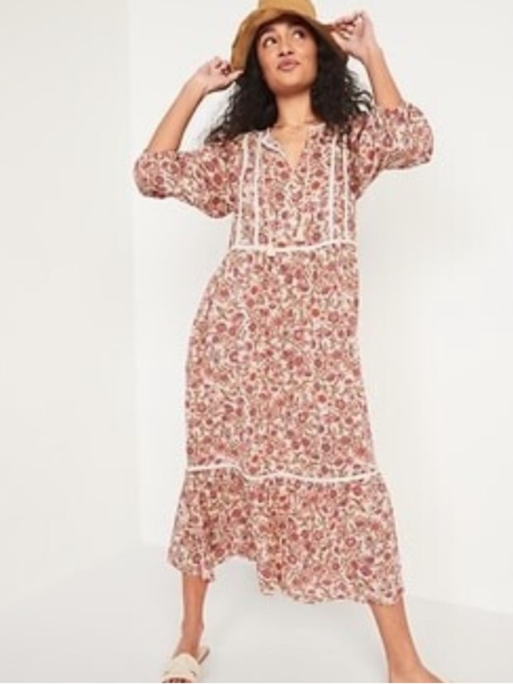 Floral Peach Midi Dress with Long Sleeves - Picture 2 of 10